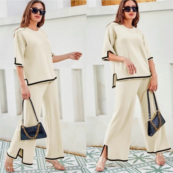 Knit 2 Pieces Sweater Sets Short Sleeve Pullover Tops and Wide Legs Pants - Picture 4 of 7